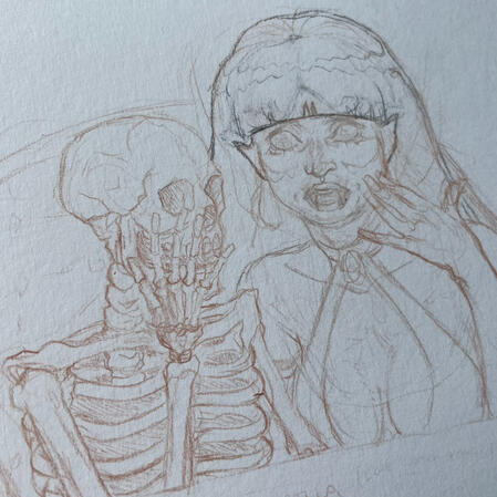 Vampirella gossiping with a skeleton